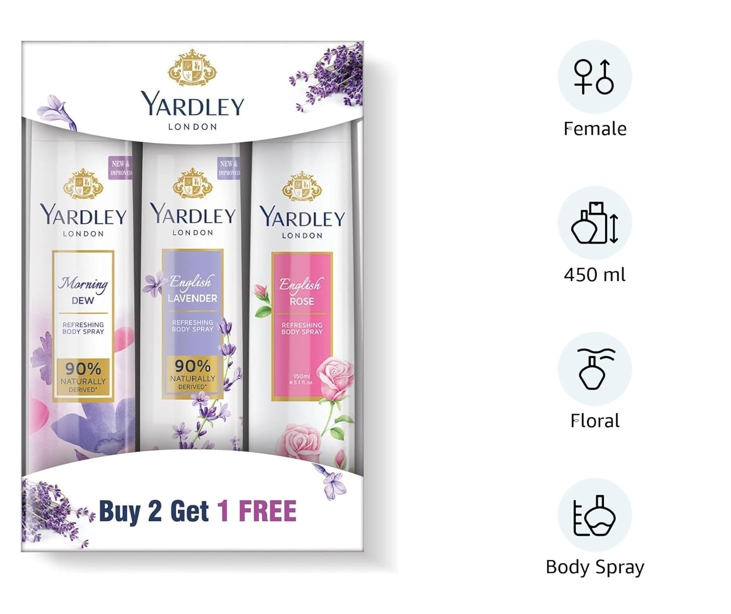 Yardley London Refreshing Deo Body Spray Tripack (English Lavender + English Rose + Morning Dew) for Women, 150ml Each (Pack of 3)