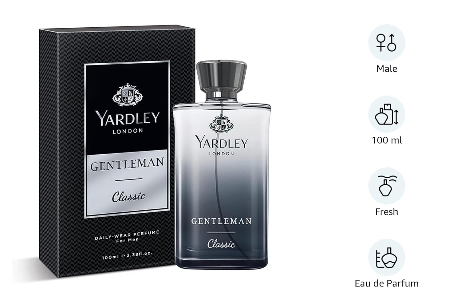 Yardley London Gentleman Classic Liquid Perfume Spray, Fresh Woody Fougère Notes, Masculine Fragrance, Perfume For Men, 100ml