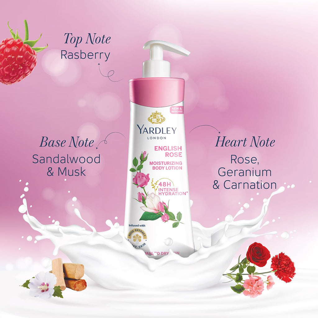 Yardley London English Rose Moisturizing Body Lotion With Germ Shield| Infused With Rose & Geranium Oil| Daily Use Hand & Body Lotion With Vitamin C & B3 For Women| 400ml