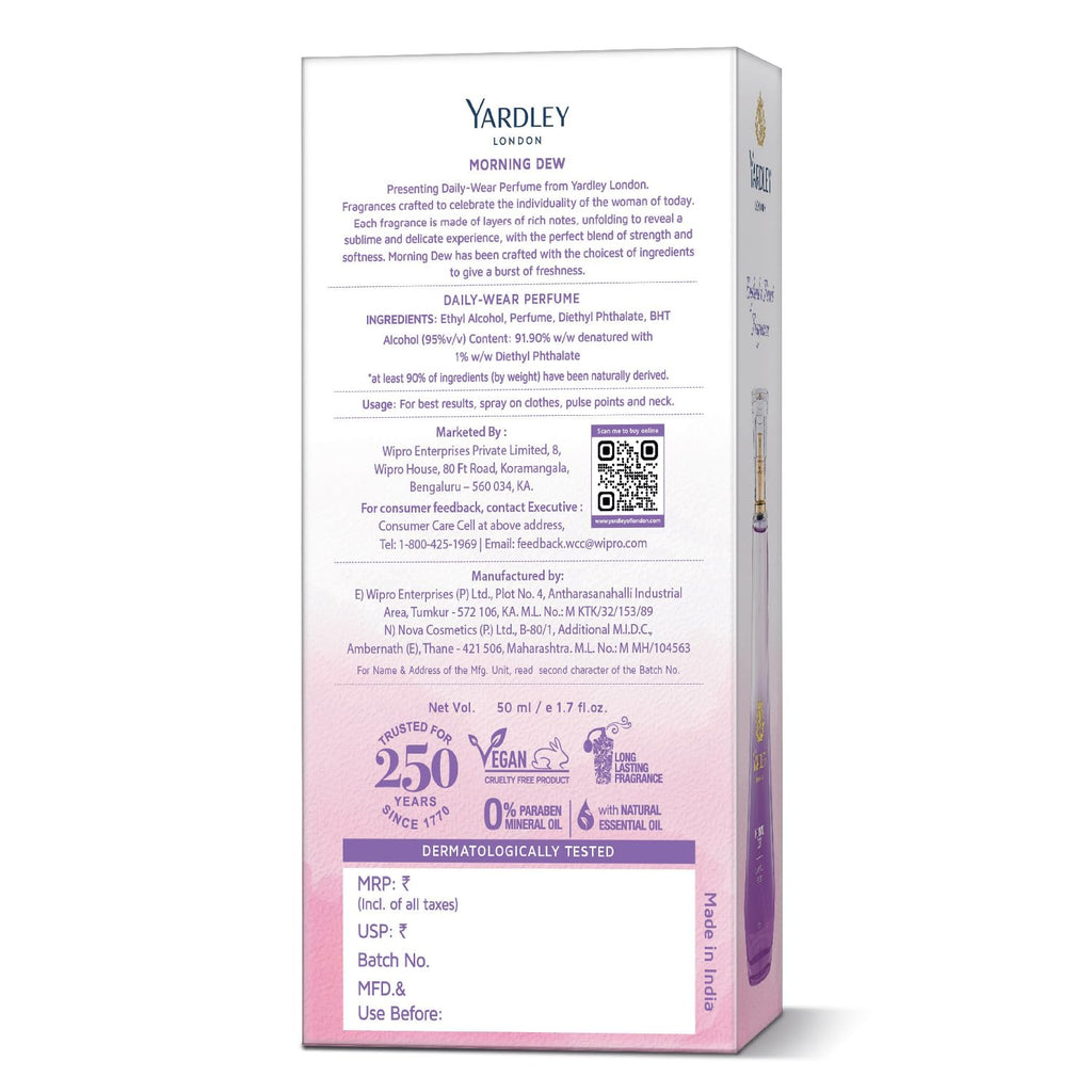 Yardley London Morning Dew Perfume| Fresh Floral Scent| 90% Naturally Derived| Lilly Of Valley & Frangipani| Perfume For Women| 50Ml - Spray