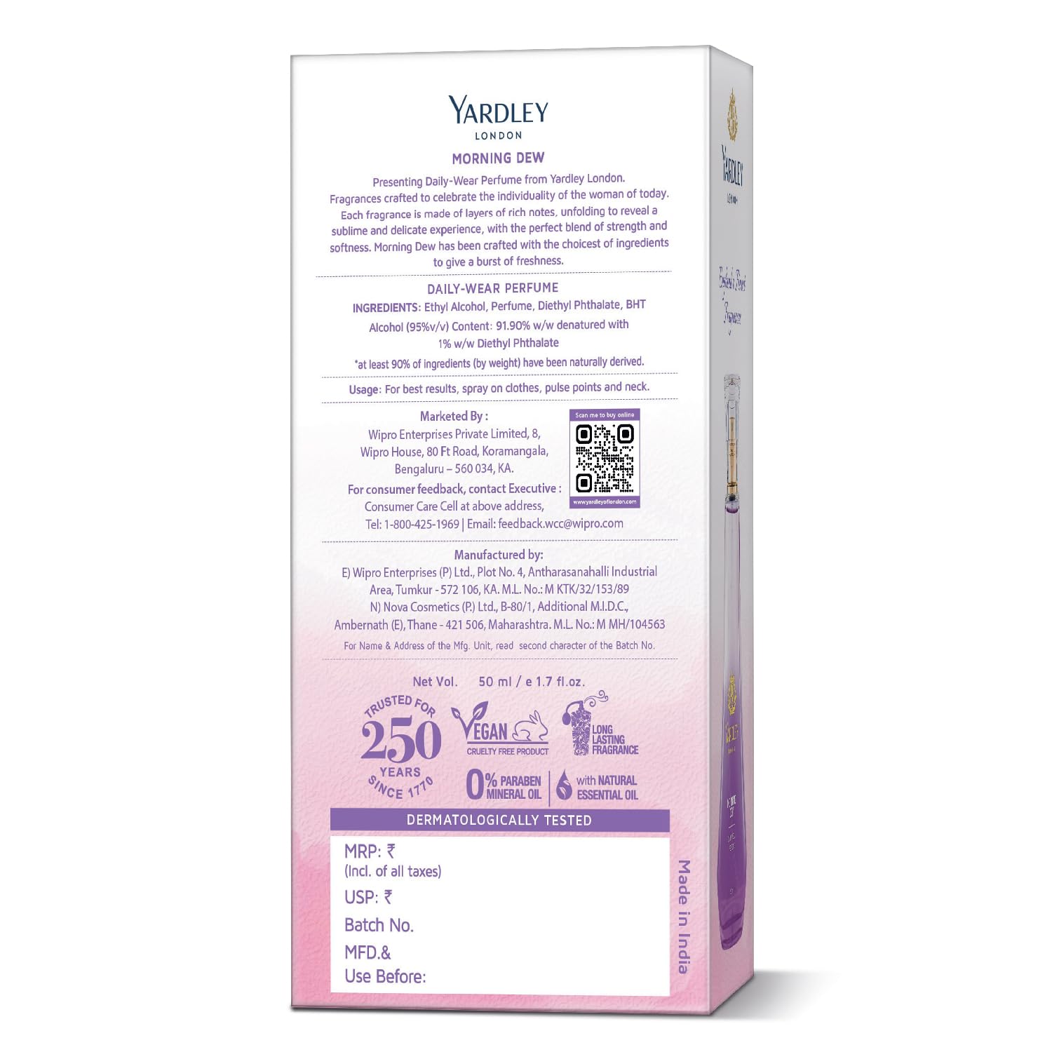 Yardley London Morning Dew Perfume| Fresh Floral Scent| 90% Naturally Derived| Lilly Of Valley & Frangipani| Perfume For Women| 50Ml - Spray