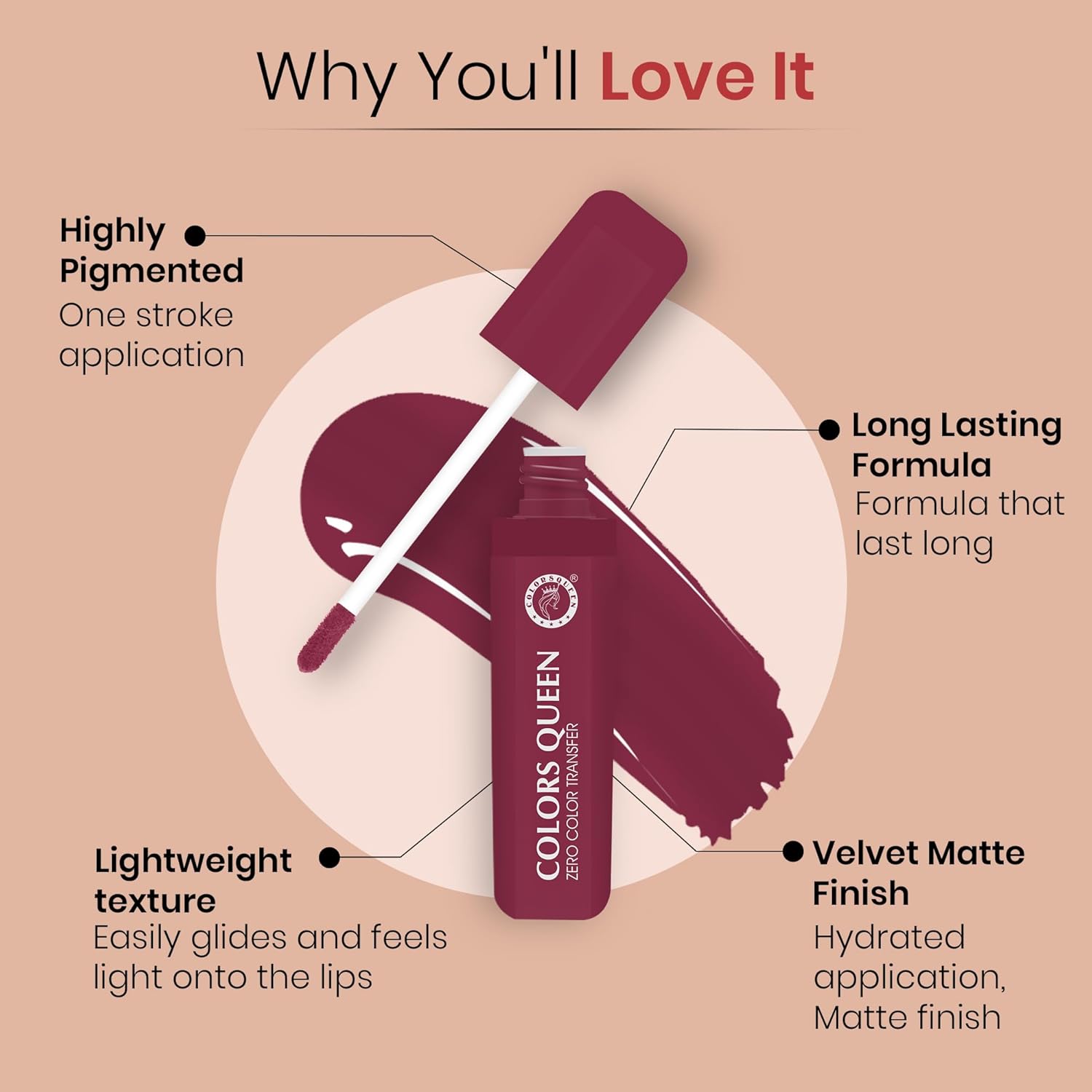 Colors Queen Zero Color Transfer Liquid Lipstick | Highly Pigmented, Long Lasting Liquid Lipstick Waterproof | Smooth One Swipe Application, Lightweight Matte Lipstick for Women (Paper Flower, 8g)