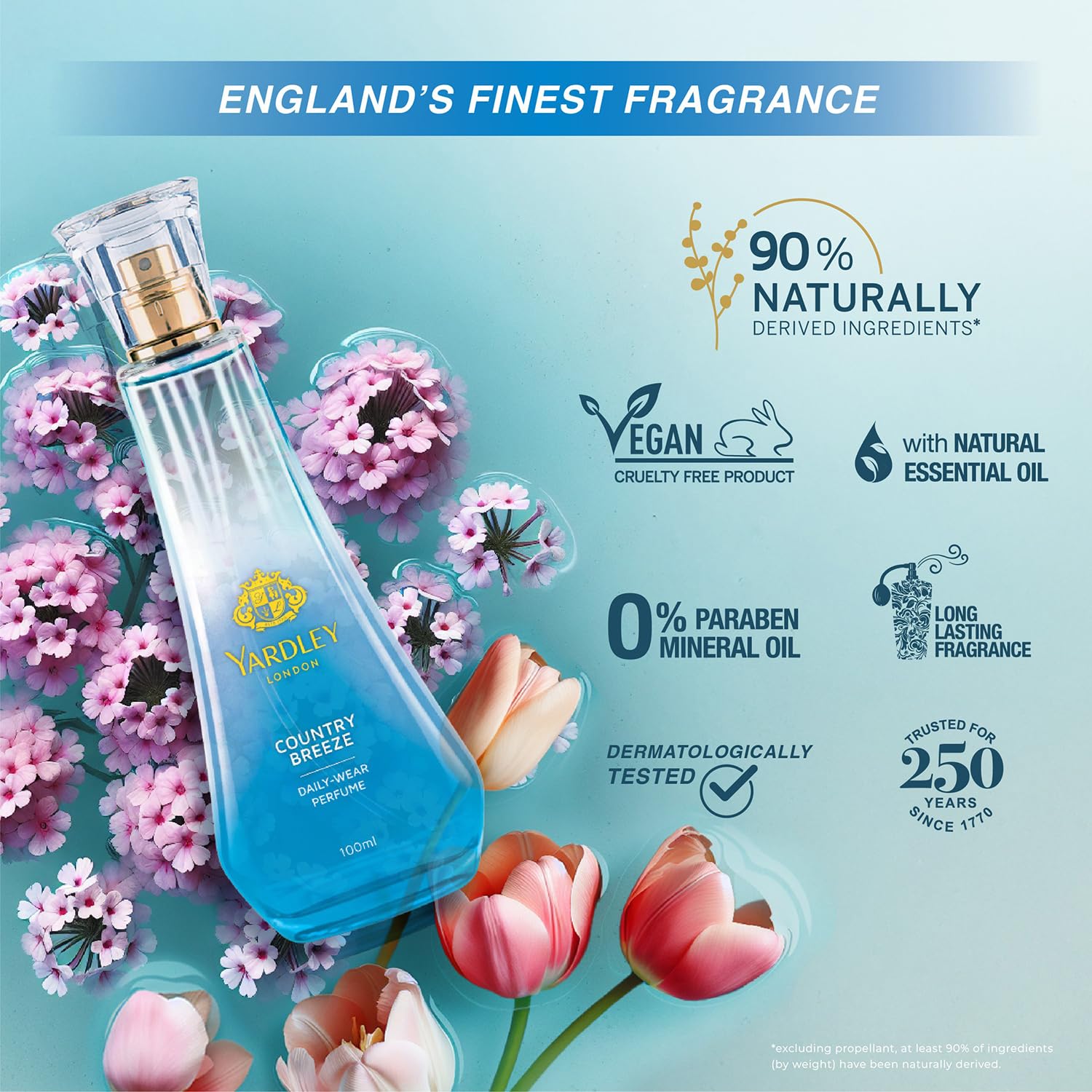 Yardley London Country Breeze Perfume Spray Floral Fruity Scent| 90% Naturally Derived| Verbena & Tulips Perfume For Women| 100Ml