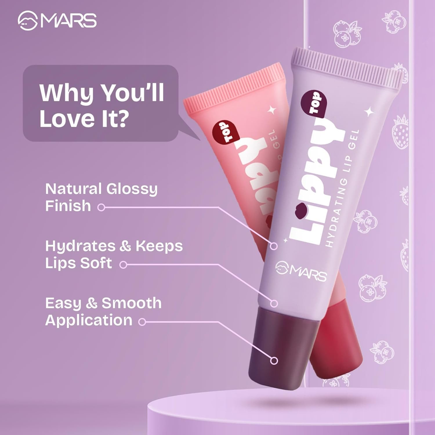 MARS Lippy Top Hydrating Lip Gel (10ml) (02-JUICY STRAWBERRY) | Nourished With Vitamin-E & Shea Butter | Long Lasting Hydration | Glossy Finish | Easy to Apply