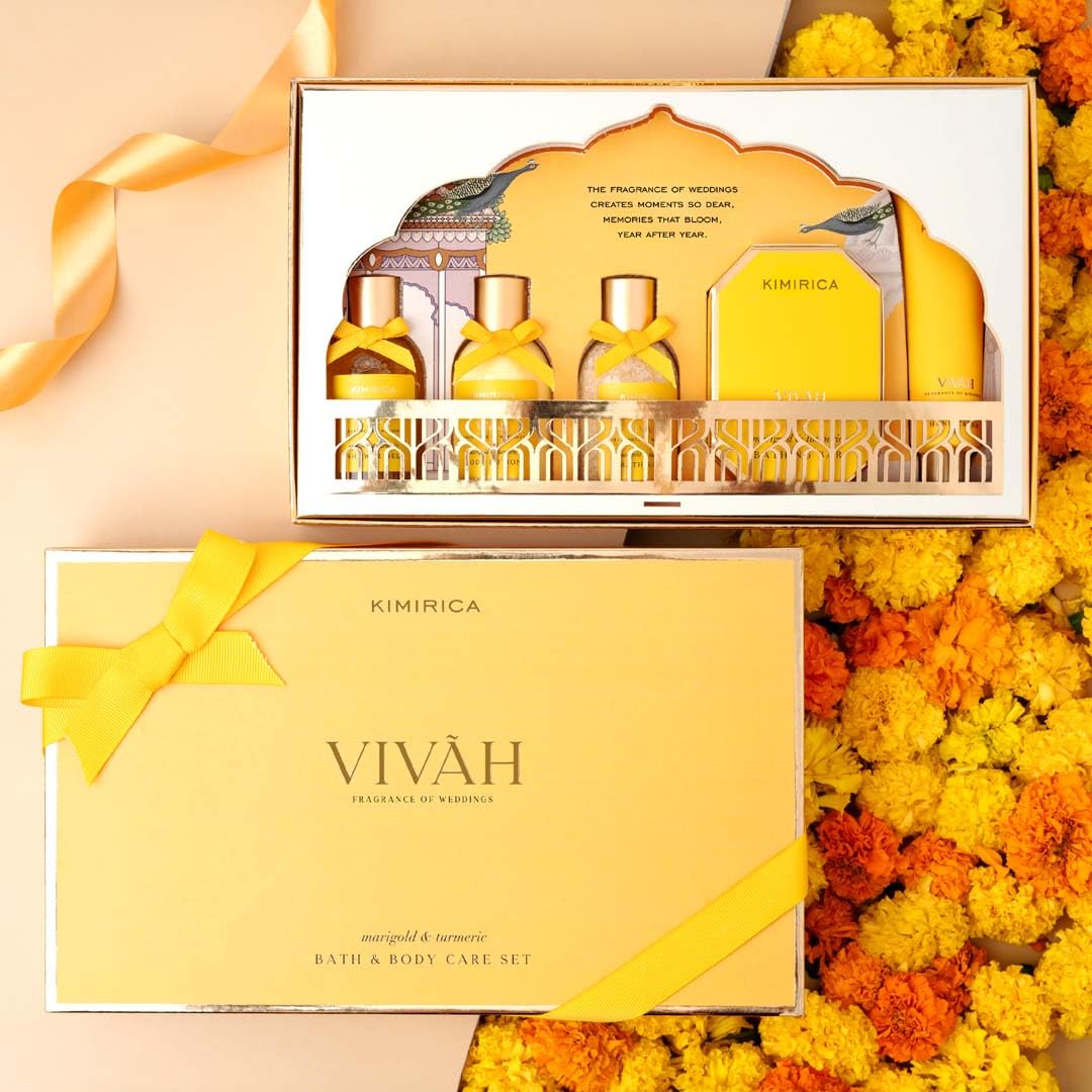 Kimirica Vivah Experience Wedding gift set for couple| Uniquely Crafted Wedding Gifts contains Body wash, Body Lotion, Bath Salt, Bathing bar and Hand cream