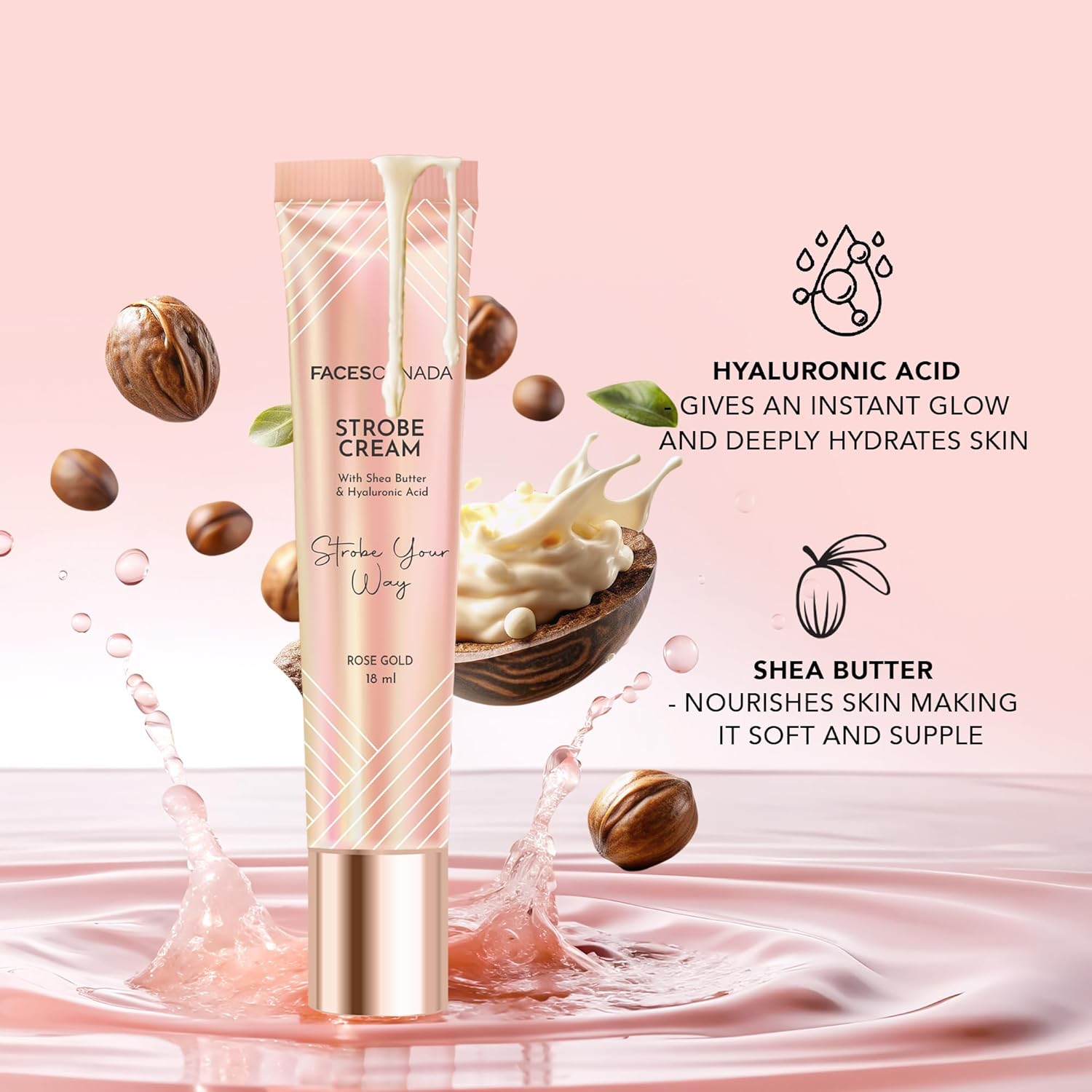 FACES CANADA Always On Shine Combo - All Day Hydra Matte Foundation - Rose Ivory 011 (18 ml) + Strobe Cream - Rose Gold (18ml) + Ultime Pro Makeup Fixer (50 ml) | Illuminating & Glowing Makeup Base | Long Lasting Makeup Setting Spray