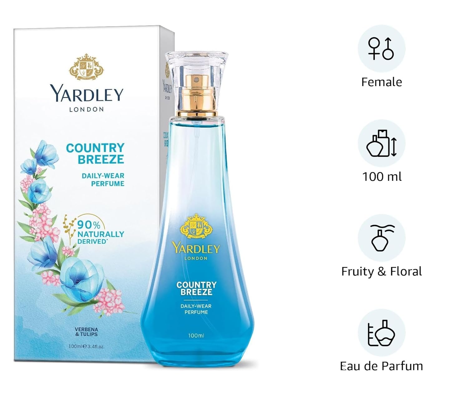 Yardley London Country Breeze Perfume Spray Floral Fruity Scent| 90% Naturally Derived| Verbena & Tulips Perfume For Women| 100Ml