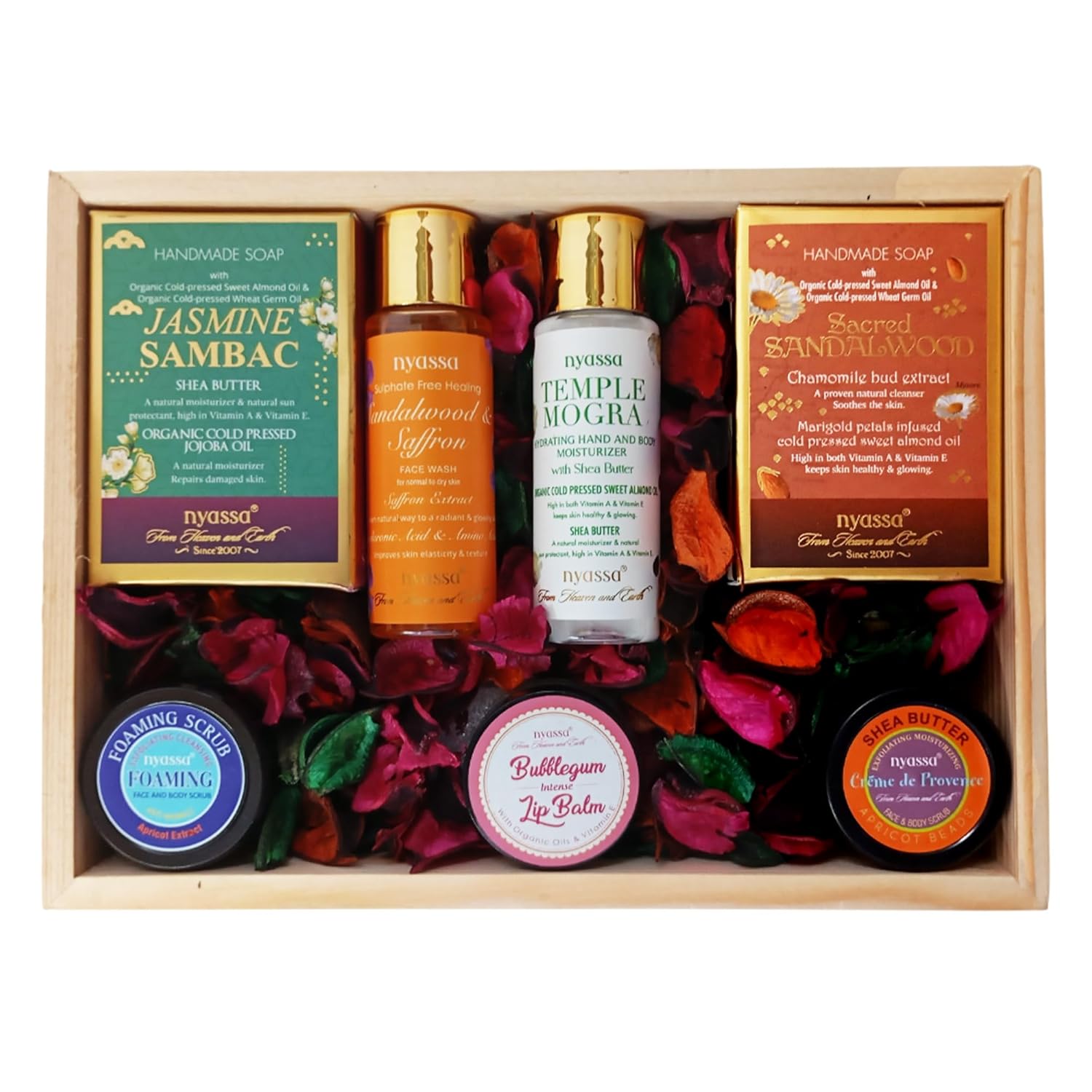NYASSA Premium Bath and Body Treats Wooden Gift Set for Women & Men | Luxury Bath And Body Care Set To Pamper Your Loved Ones | Perfect for Every Occasion | Pack of 7