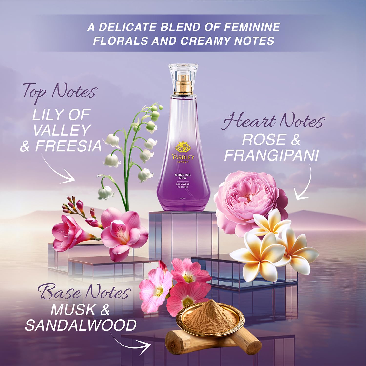 Yardley London Morning Dew Perfume| Fresh Floral Scent| 90% Naturally Derived| Lilly Of Valley & Frangipani| Perfume For Women| 50Ml - Spray