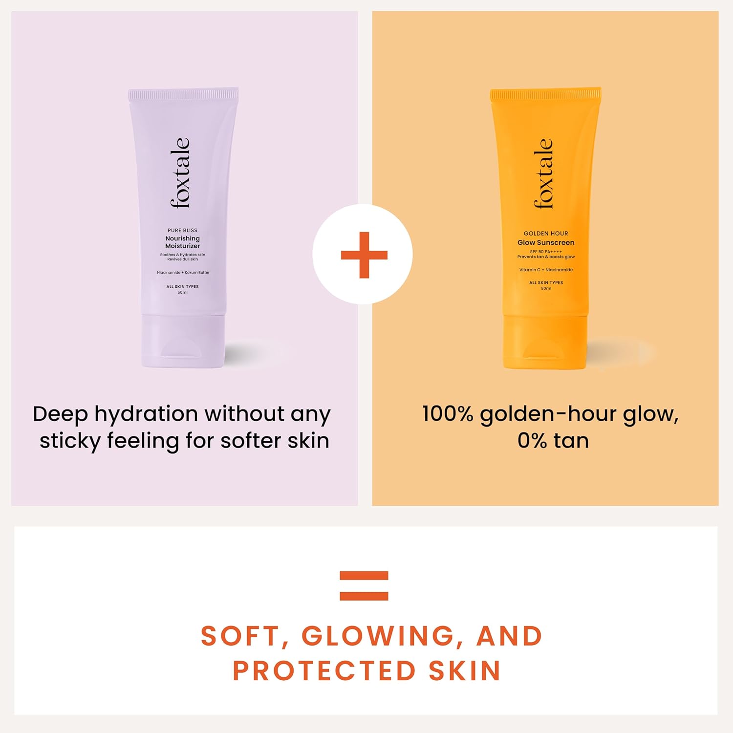 Foxtale Healthy Glow Combo for Soft and Hydrated Skin and a Healthy Golden Glow with Nourishing Moisturizer - 50 ml and Glow Sunscreen - 50 ml, For All Skin Types, Men & Women