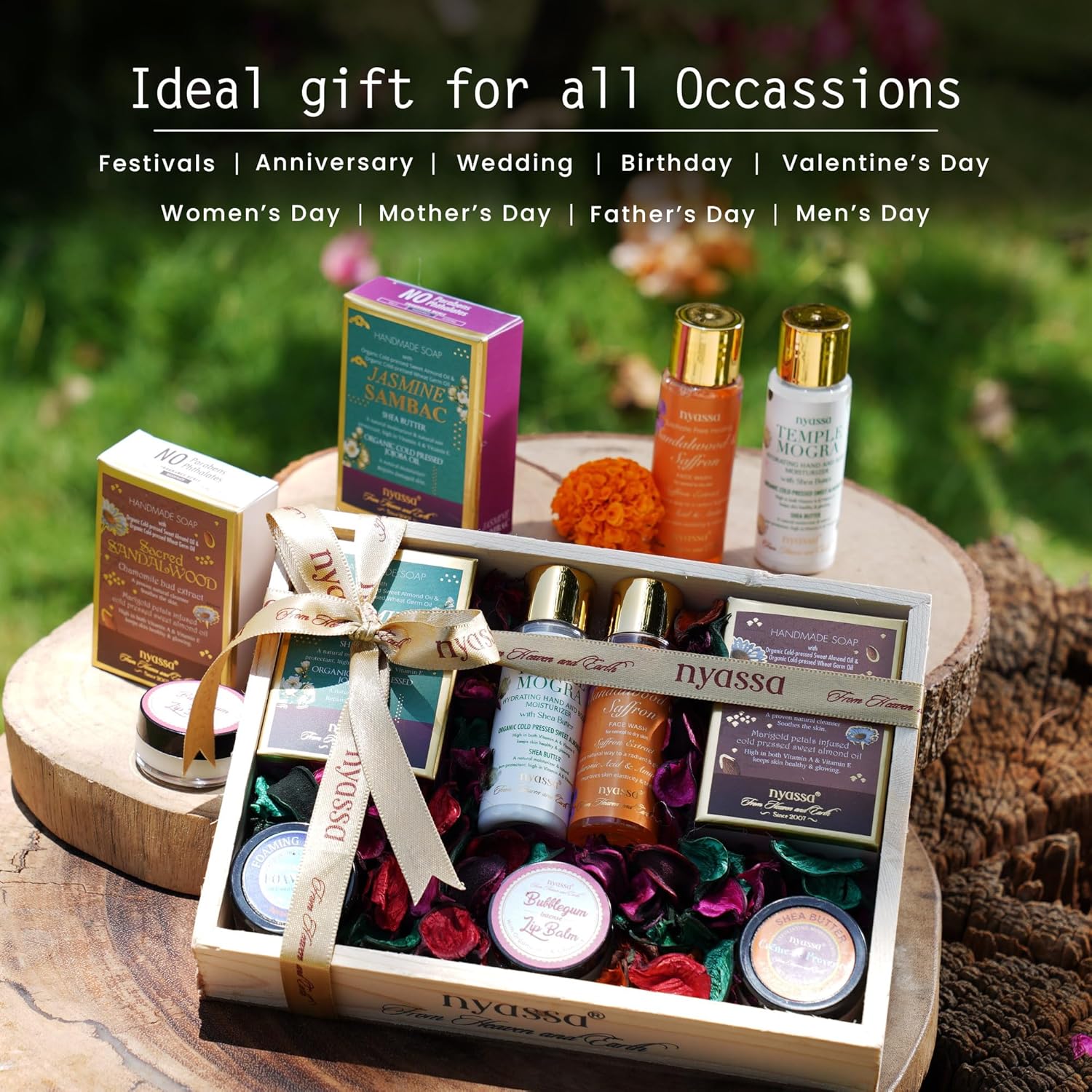 NYASSA Premium Bath and Body Treats Wooden Gift Set for Women & Men | Luxury Bath And Body Care Set To Pamper Your Loved Ones | Perfect for Every Occasion | Pack of 7