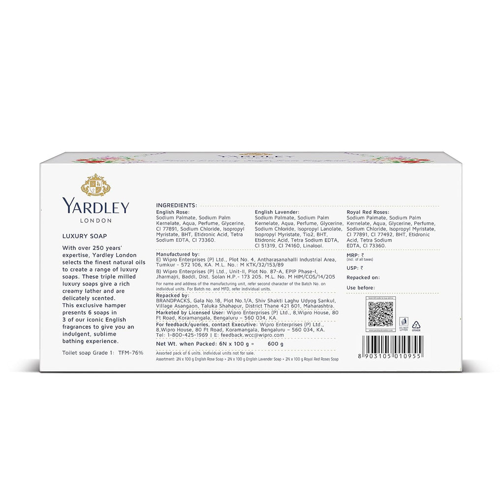Yardley London English Lavender, English Rose, Royal Red Roses Luxury Soap for Women, 100g (Pack of 6)