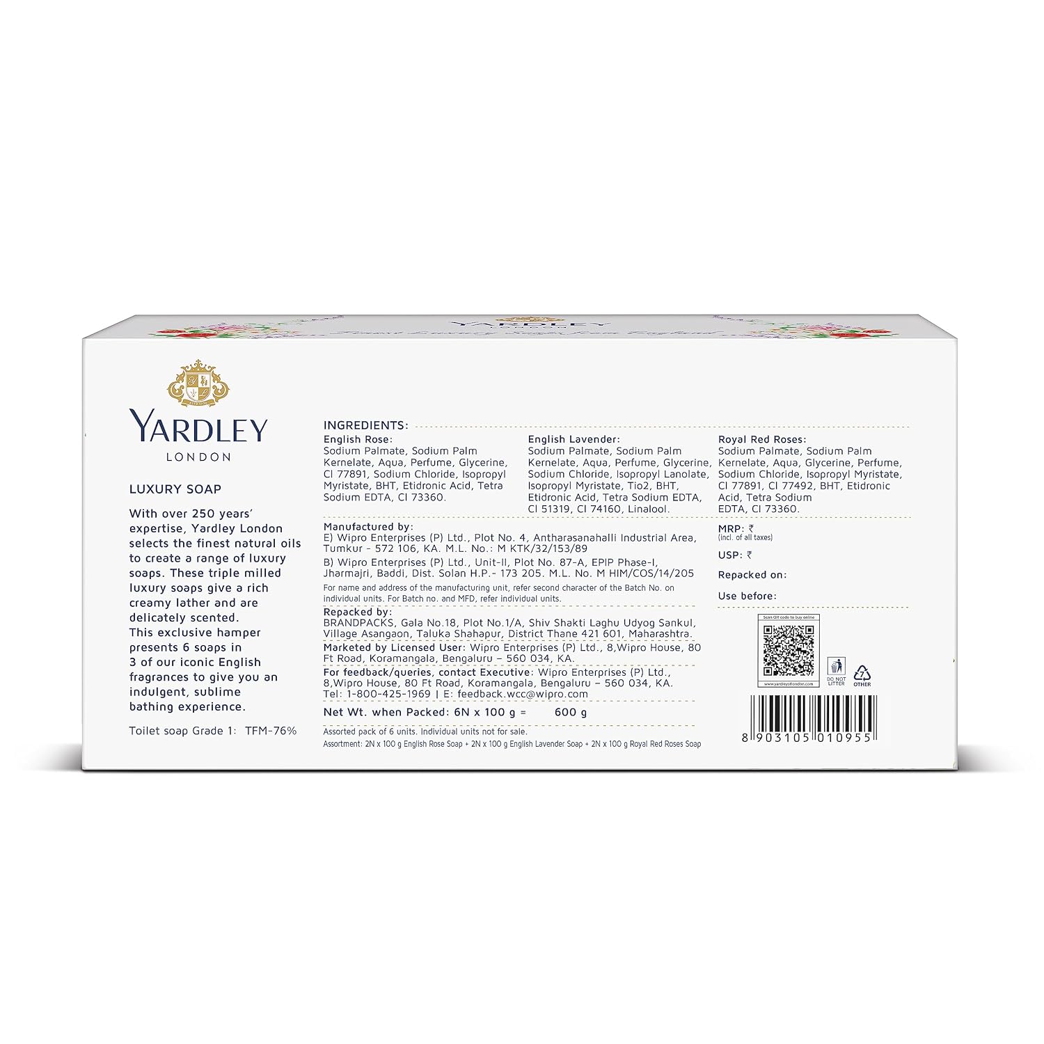 Yardley London English Lavender, English Rose, Royal Red Roses Luxury Soap for Women, 100g (Pack of 6)