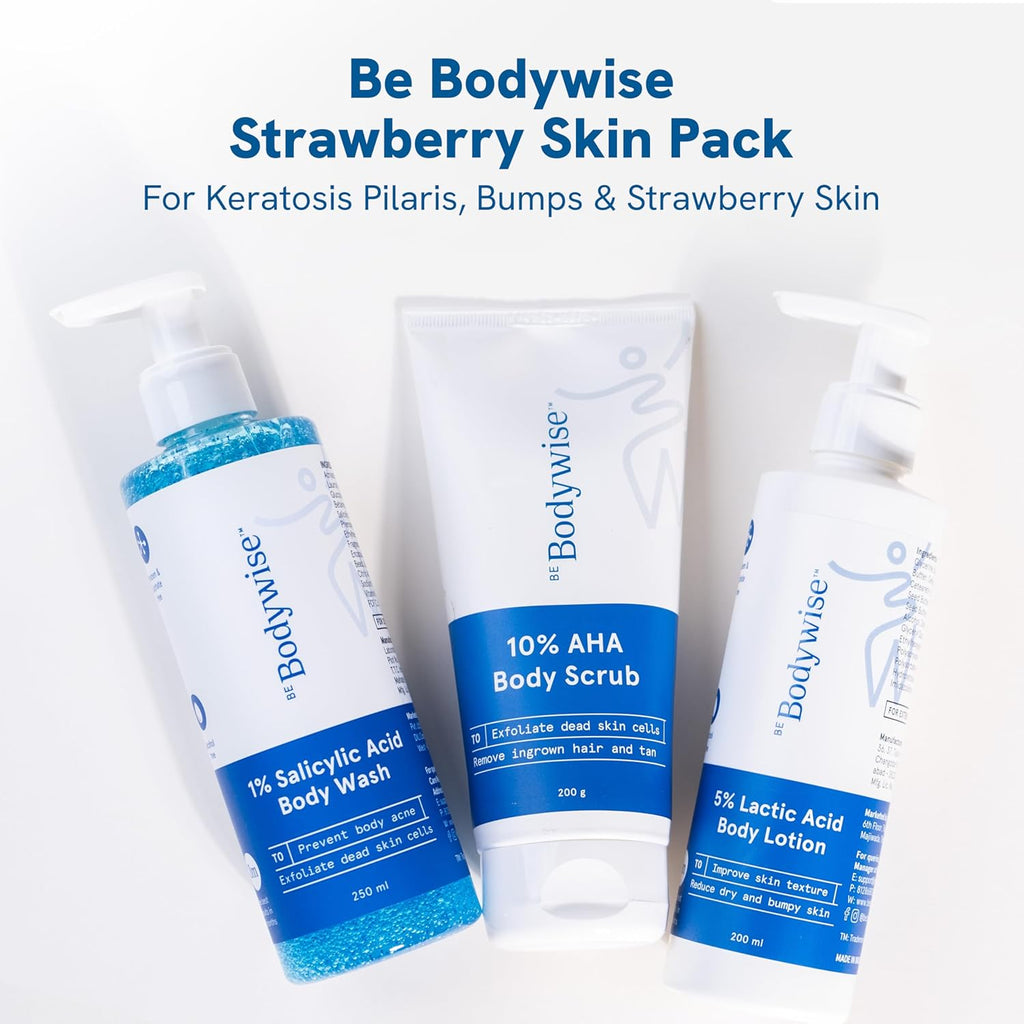 Be Bodywise Strawberry Skin Pack | With 1% SA Body Wash, 5% Lactic Acid Body Lotion & 10% AHA Scrub | Exfoliates, Reduces Body Acne, Uneven Skin Texture | 650ml