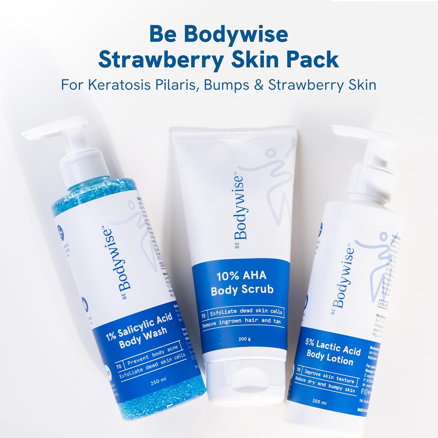 Be Bodywise Strawberry Skin Pack | With 1% SA Body Wash, 5% Lactic Acid Body Lotion & 10% AHA Scrub | Exfoliates, Reduces Body Acne, Uneven Skin Texture | 650ml
