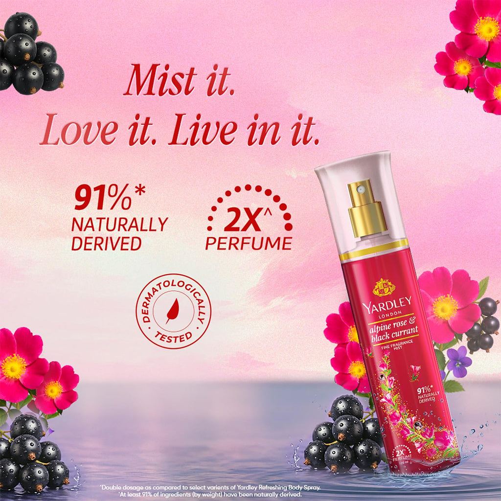 Yardley London Alpine Rose & Black Currant Fine Fragrance Mist Spray| 2X Perfume Spray For Women| 91% Naturally Derived| 135ml