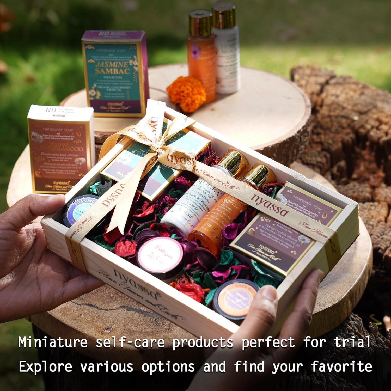 NYASSA Premium Bath and Body Treats Wooden Gift Set for Women & Men | Luxury Bath And Body Care Set To Pamper Your Loved Ones | Perfect for Every Occasion | Pack of 7